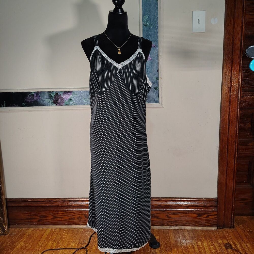 VTG Blk White Polka Dot Lace Maxi Slip Dress Wmns Size 18/T411